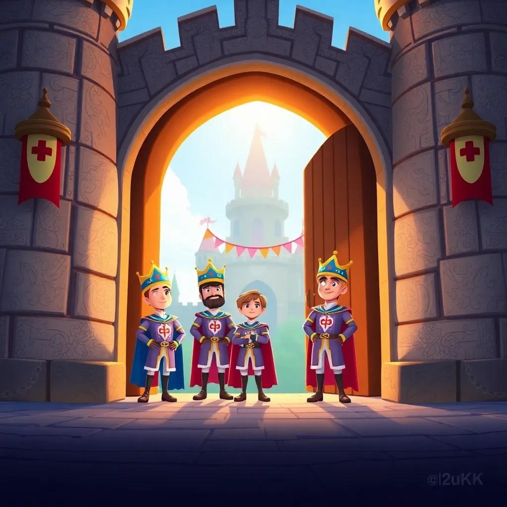 Inside the castle gates, the princes multiplication and division standing at attention, looking eagerly, colorful banners and warm light illuminating the scene, illustration style, friendly and inviting