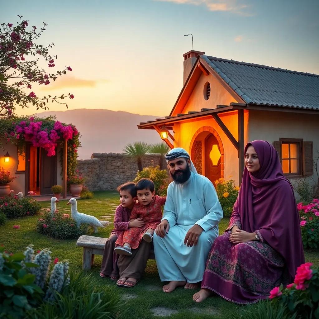 A small, peaceful village with a cozy house and blooming gardens, Ali, an Arab man, seated with his wife Fatima, an Arab woman, and their children Sami and Lina, in the twilight with warm colors, digital art, vibrant atmosphere, family love, high quality