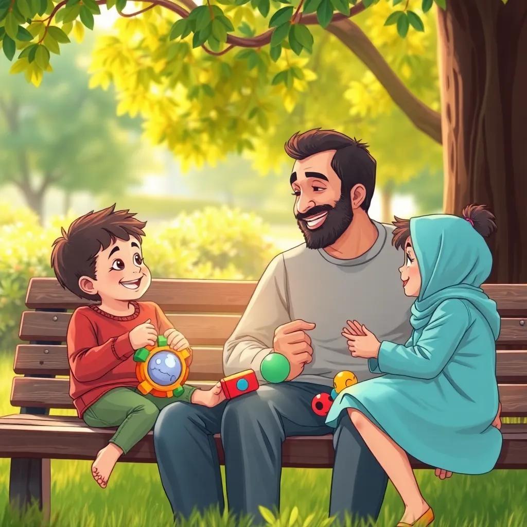 Ali sitting on a bench under a tree, talking to his children Sami and Lina, who are playing with bright toys, expression of joy and innocence on their faces, illustration, warm light, cheerful environment, family safety, high quality