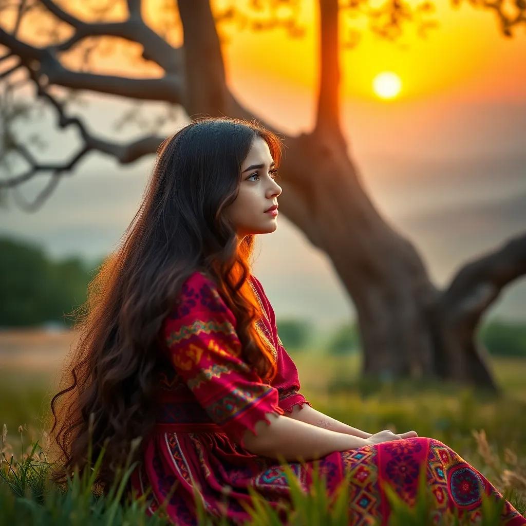 A beautiful Algerian girl named Rasha with long brown hair, wearing a colorful traditional dress, sitting under a large tree looking at the horizon with a sad expression, digital art, vibrant colors, a warm sunset atmosphere, high quality