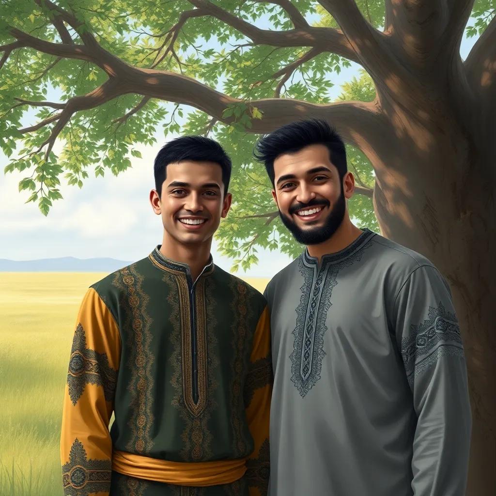 Kareem, a young man from Kabylie, with short black hair and wearing a traditional Kabyle shirt, standing beside Rasha under the tree, both smiling and sharing their dreams, digital painting, realistic, hopeful vibe, high quality