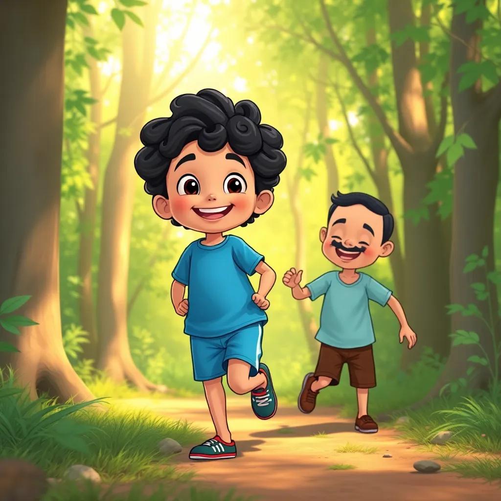 A cheerful young Arab boy, Waleed, with curly black hair wearing a blue t-shirt and shorts, playing in a green forest with his friend Sami, sunlight filtering through the trees, illustration, vibrant colors, joyful atmosphere, child-friendly