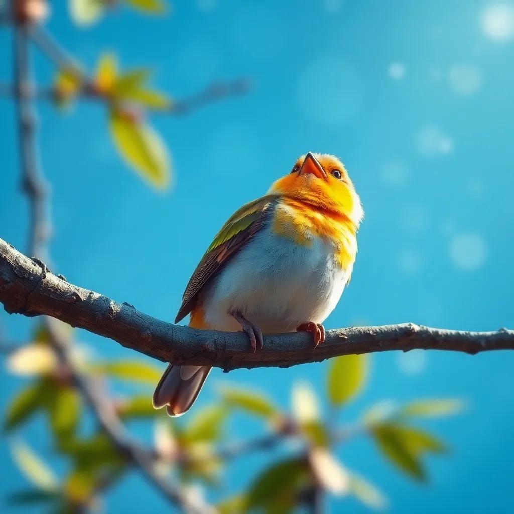 A small bird, عصفور, with bright feathers, sitting on a tree branch, singing joyfully with a sparkling background of blue sky, digital art, cheerful and colorful, inviting atmosphere, high quality