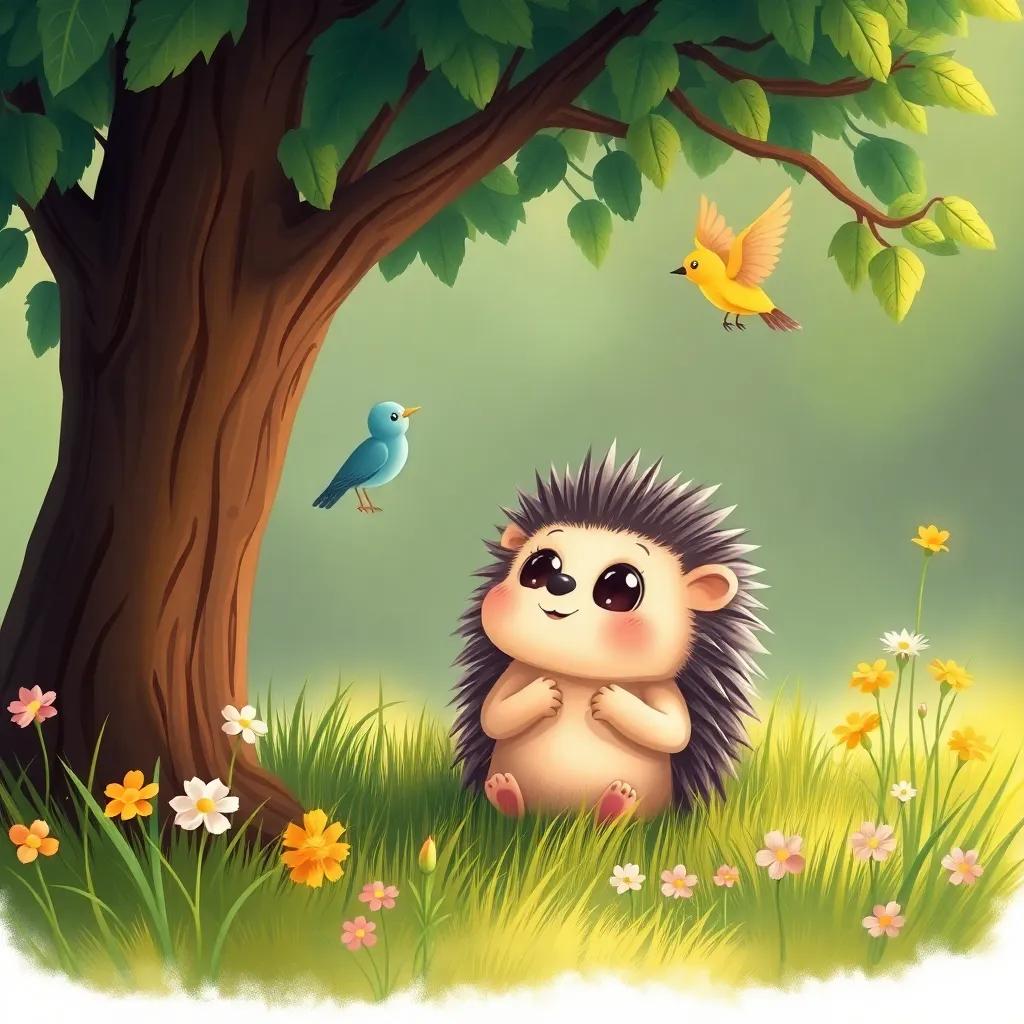 A cute hedgehog, همستراشرار, with big eyes, listening quietly under a tree while the bird sings, surrounded by green grass and flowers, illustration, cozy and peaceful, warm colors, child-friendly, high quality