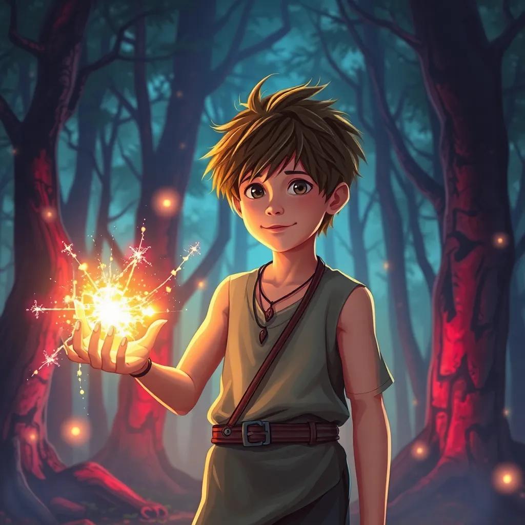 A young boy, Arkyn, with messy brown hair wearing simple clothes, practicing magic in a forest, surrounded by glittering light and strange shadows, digital art, vibrant colors, optimistic atmosphere, high quality