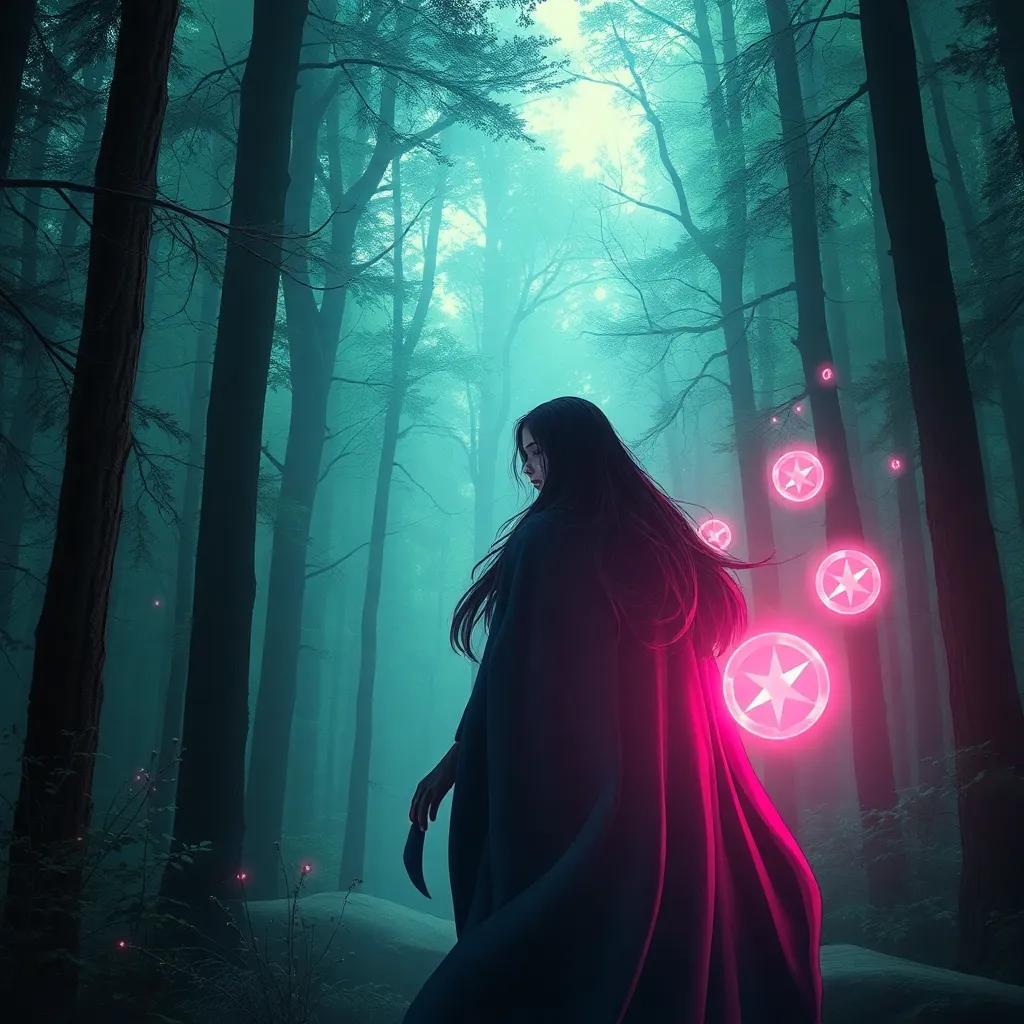 A mysterious girl, Kayra, with long black hair wearing a flowing cloak, emerging from the dense trees, the forest alive with magic, focused on Arkyn, glowing symbols around her, fantasy style, mystical light, engaging perspective, high quality