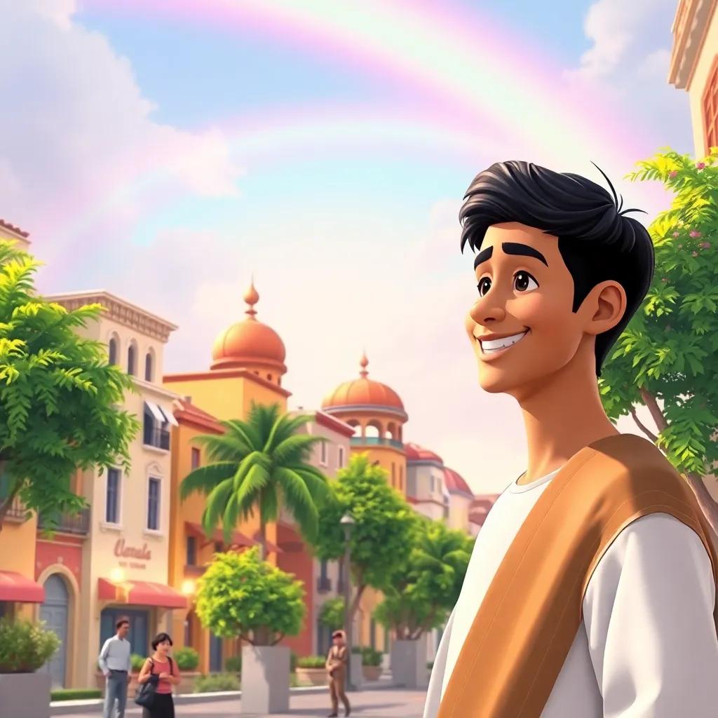 A smiling young Arabic man, Ahmed, with short black hair and wearing a traditional dishdasha, talking with friends beside beautiful buildings and green trees under a rainbows sky, digital art, vibrant colors, cheerful atmosphere, high quality