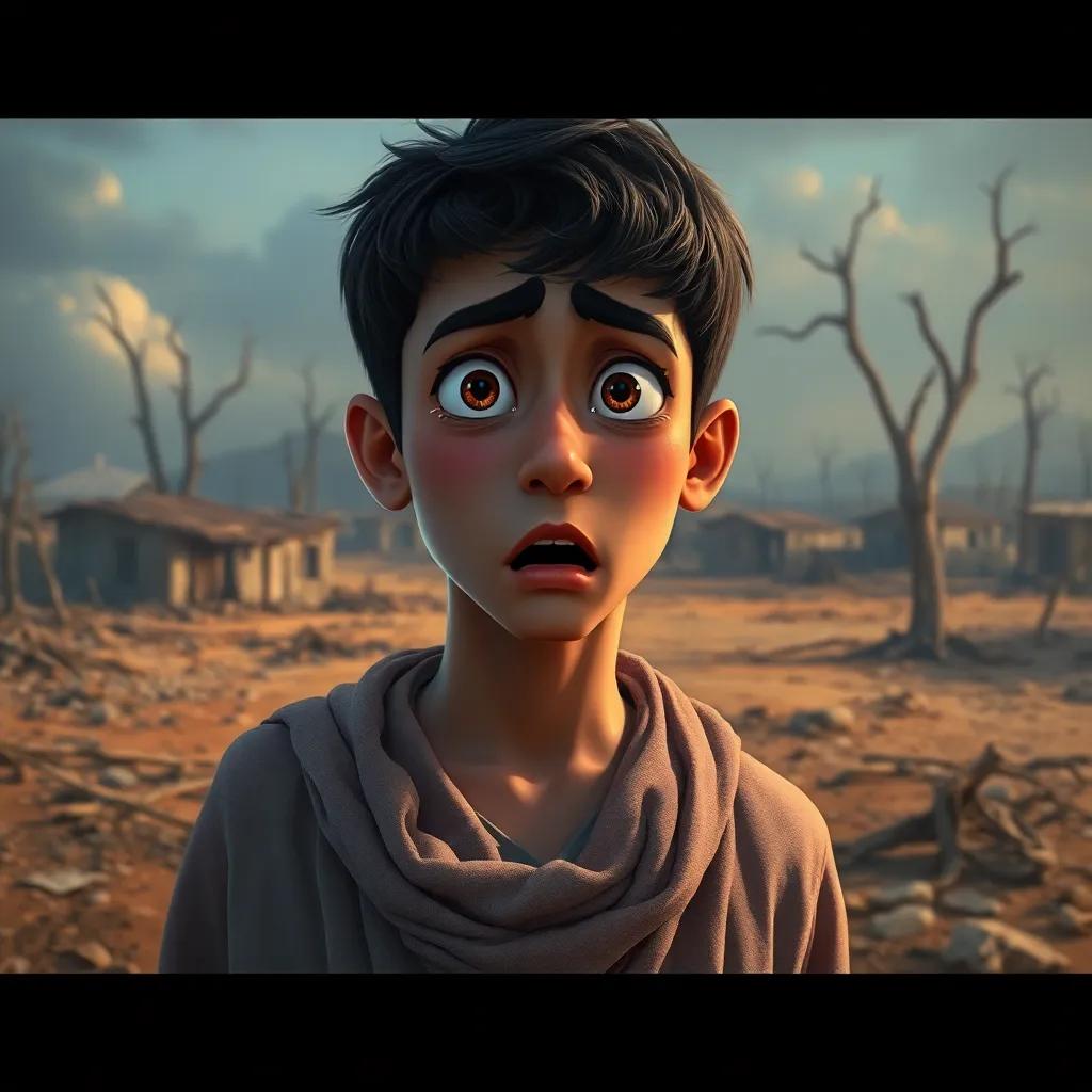 A shocked young Arabic man, Ahmed, with short black hair in a dishdasha, standing in a destroyed village with dry land and dead trees, tears in his eyes, digital painting, dramatic colors, sad atmosphere, high quality