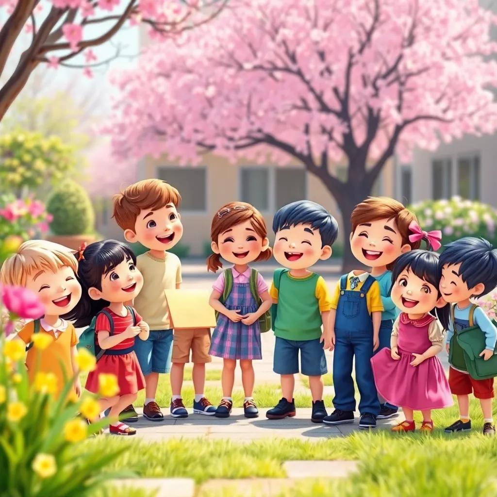 Children gathered happily in a bright spring schoolyard, smiling and laughing together. The scene is cheerful, with blooming flowers and trees in the background, digital art, vibrant colors, warm light, inviting atmosphere, high quality
