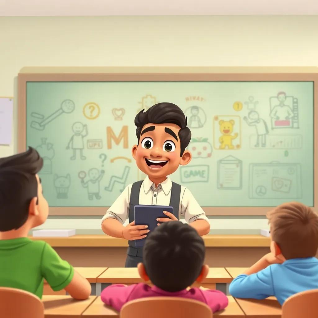 A classroom with enthusiastic teachers engaging with students. Teacher Ahmed is smiling, explaining a fun game in front of a colorful whiteboard filled with drawings, illustration, lively, cheerful classroom scene, child-friendly, engaging details, high quality