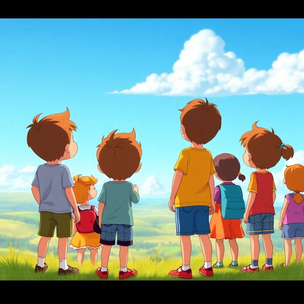 A group of children, with various backgrounds, looking at a distant land, filled with hope and dreams, standing on a hill, under a clear blue sky, digital art, vibrant colors, cheerful atmosphere, high quality