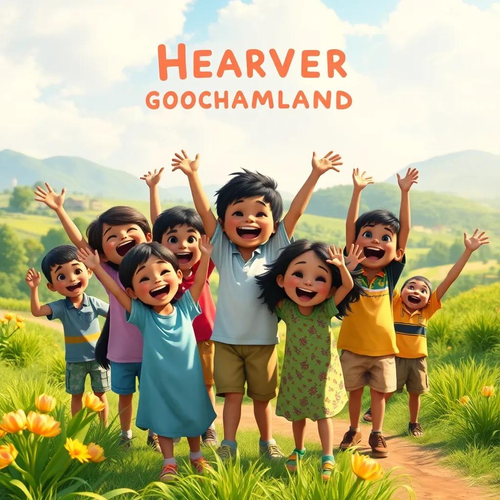 A joyful group of children cheering and celebrating their return to their homeland, surrounded by lush greenery and familiar landscapes, sunny day, heartwarming, colorful, uplifting spirit, high quality