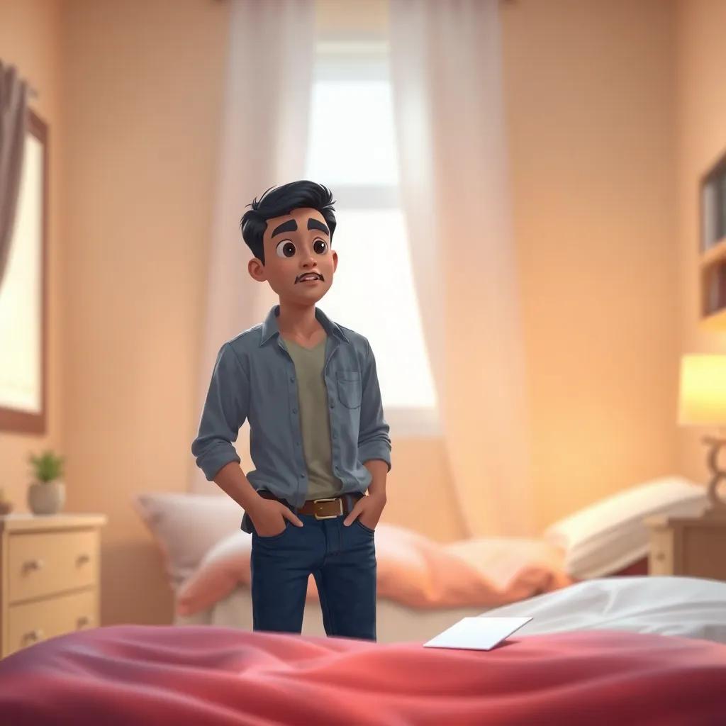 A young Arab man, with short black hair, wearing a casual shirt and jeans, standing in a cozy bedroom filled with warm light, looking surprised as he finds a small letter on his bed, digital art, soft colors, emotional atmosphere, inviting perspective, high quality