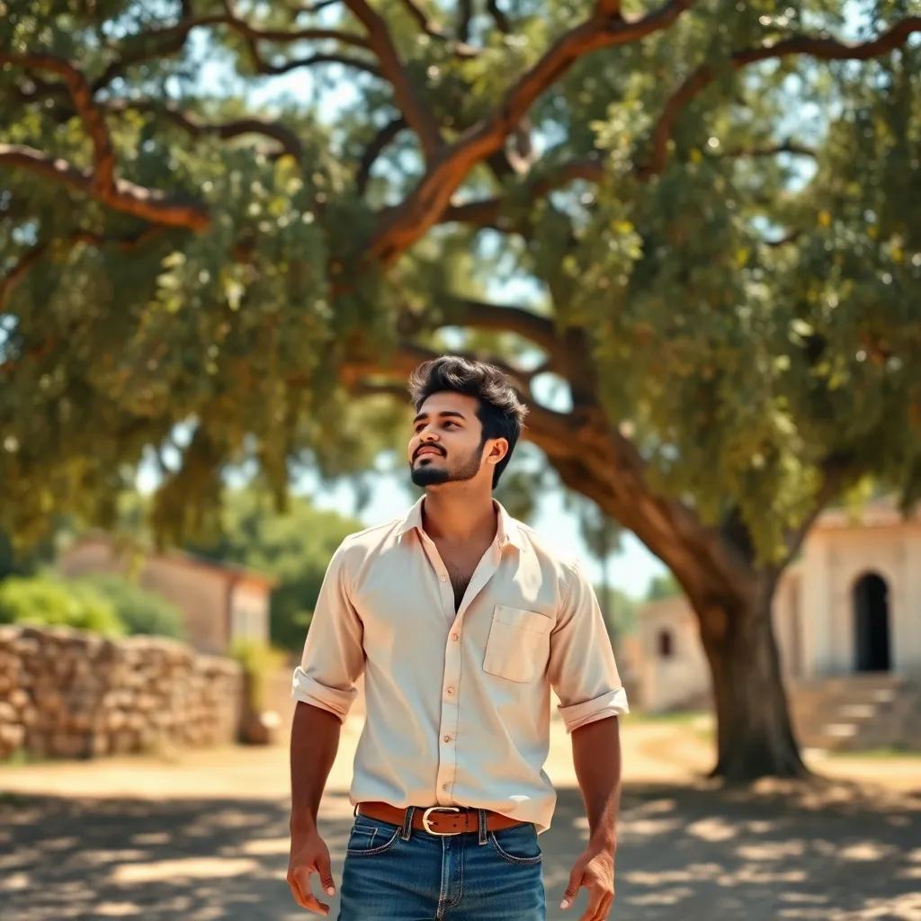 A young Arab man, Ali, with a strong build, wearing a simple shirt and jeans, standing under a big tree in the village, looking hopeful, as he sees Fatima approaching, bright and sunny day, cheerful colors, inviting setting, storytelling perspective, high quality