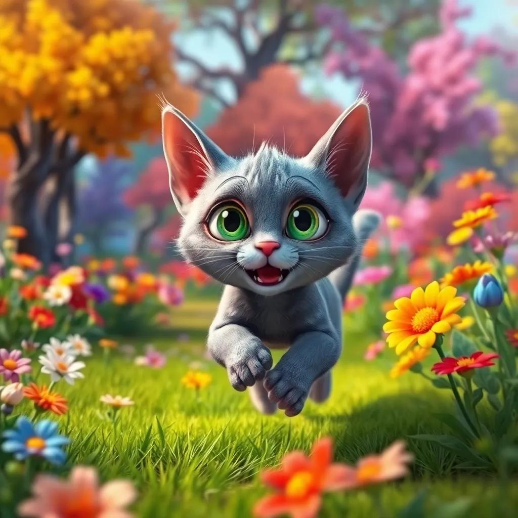 A young gray cat, Mimo, with bright green eyes, running in a vibrant garden full of colorful flowers and trees, looking scared and panting, detailed digital art, bright colors, lively atmosphere, high quality