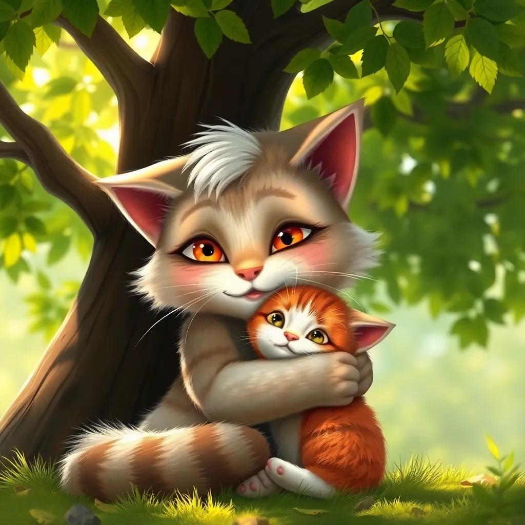 A gentle female cat, Mimo's mother, with soft fur and warm eyes, hugging Mimo under a big green tree, with sunlight filtering through the leaves, digital painting, cozy, heartwarming scene, high quality