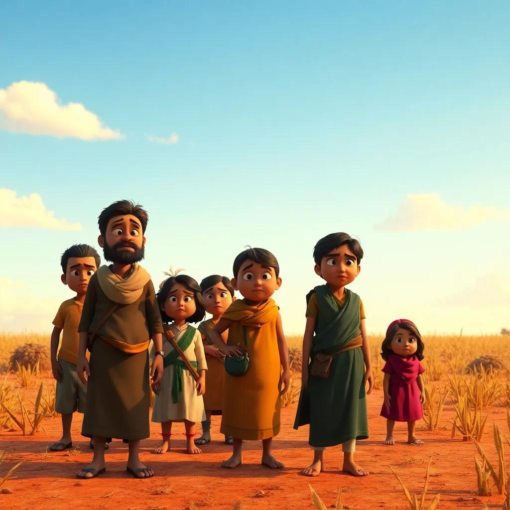 A group of villagers looking concerned, standing in a dry field, with a clear blue sky above, digital art, warm colors, worried expressions, high quality