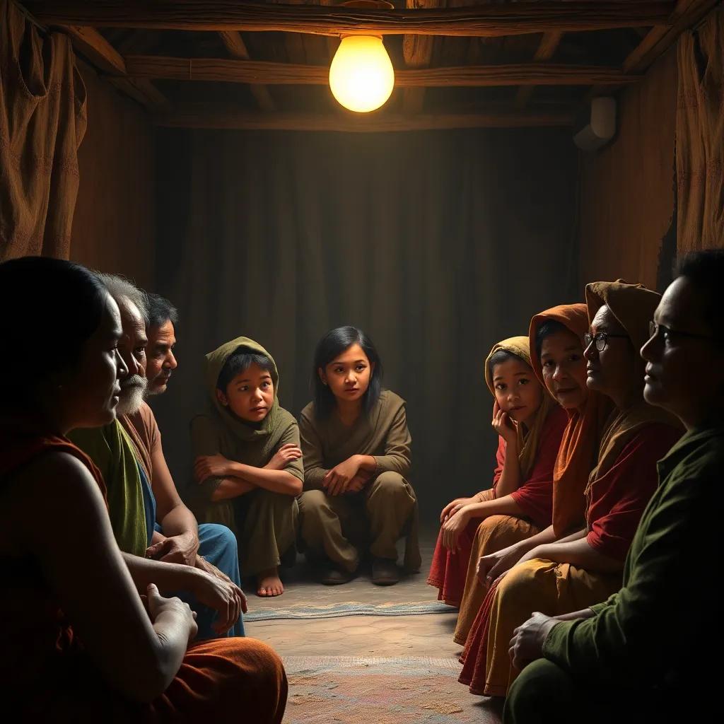 A dimly lit room with villagers gathered, talking about water problems, facial expressions reflecting hope and worry, warm light, community spirit, high quality