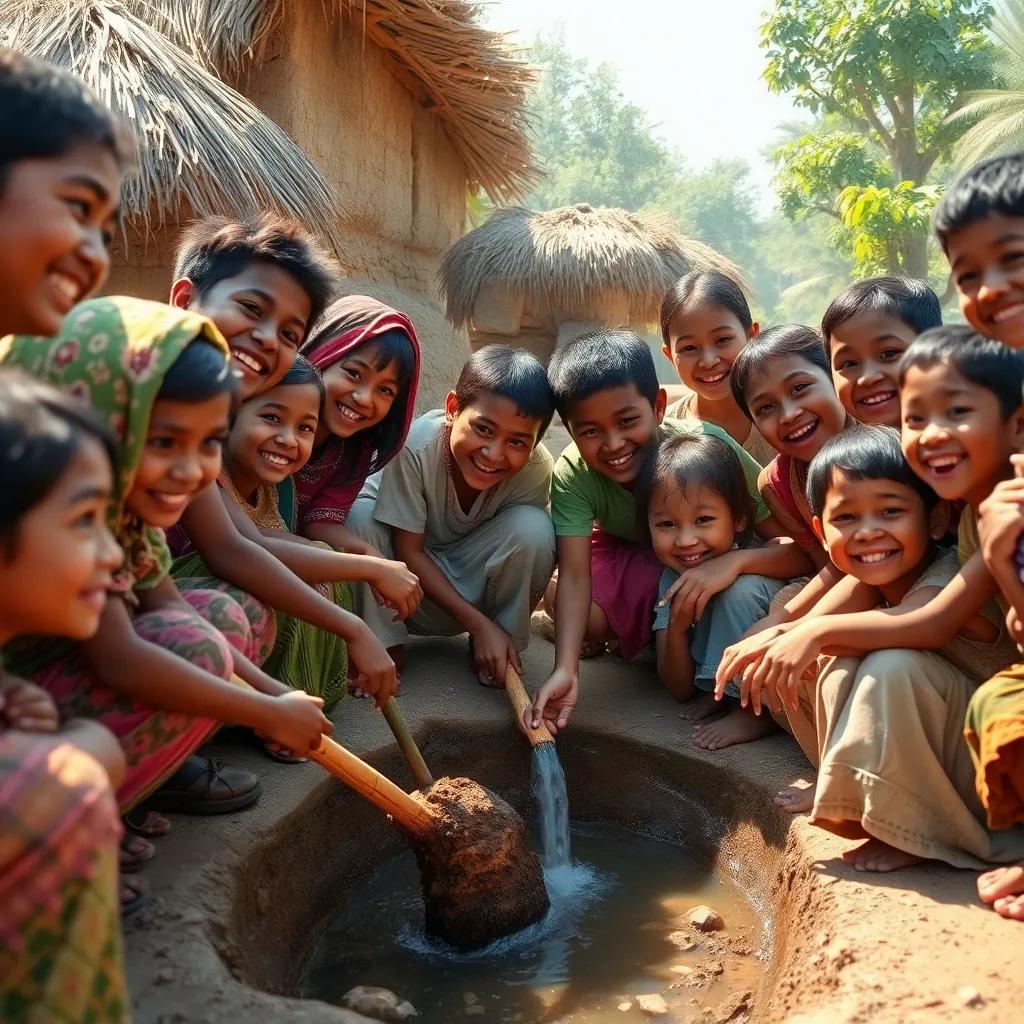 A joyful gathering of villagers at a water source, digging with excitement, smiles on faces, sunlight shining down, illustrating teamwork, high quality