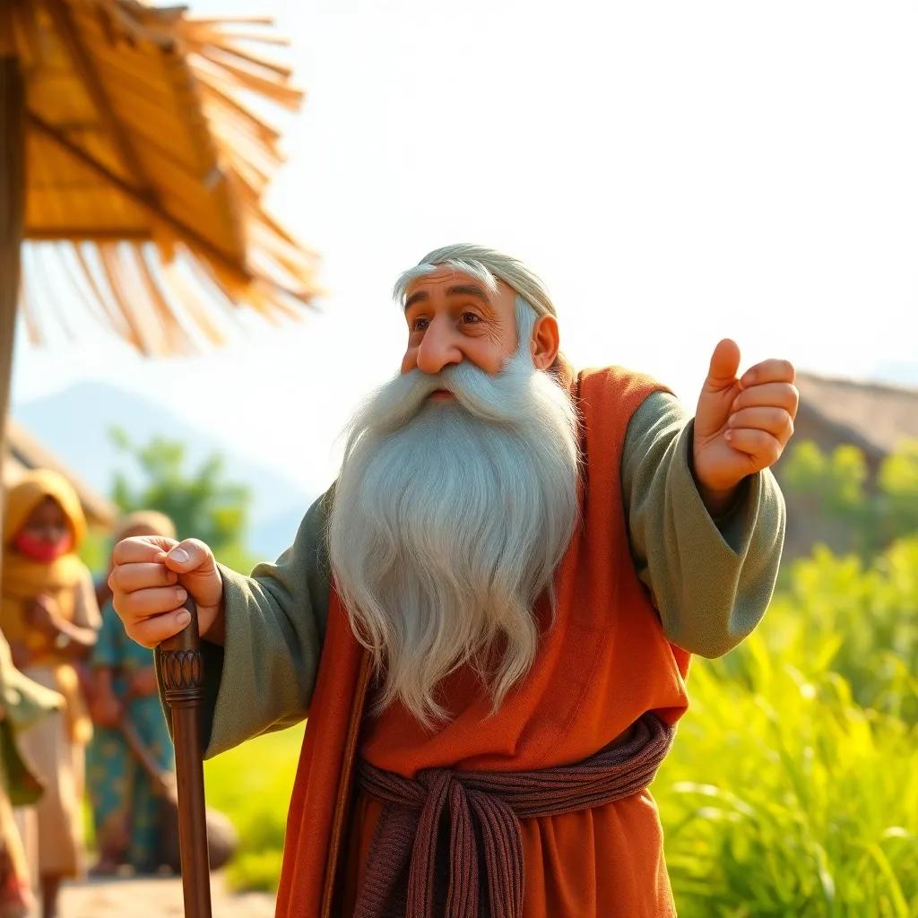 An elderly man with a long beard, giving advice to villagers, wearing traditional clothes and a cane, bright background with sunlight, conveying wisdom, high quality