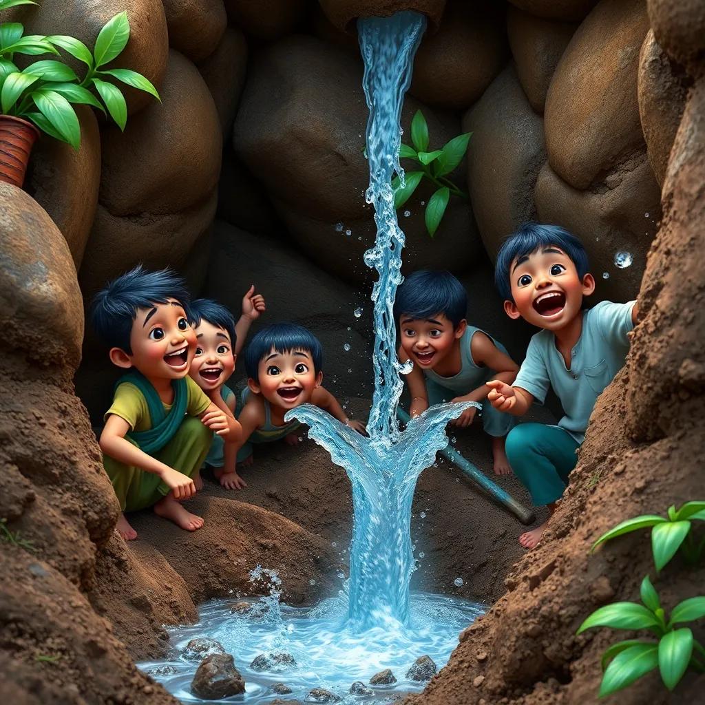 Villagers eagerly digging into the earth, excitement on their faces as water flows out, splashes around them, vibrant colors, depicting joy and surprise, high quality