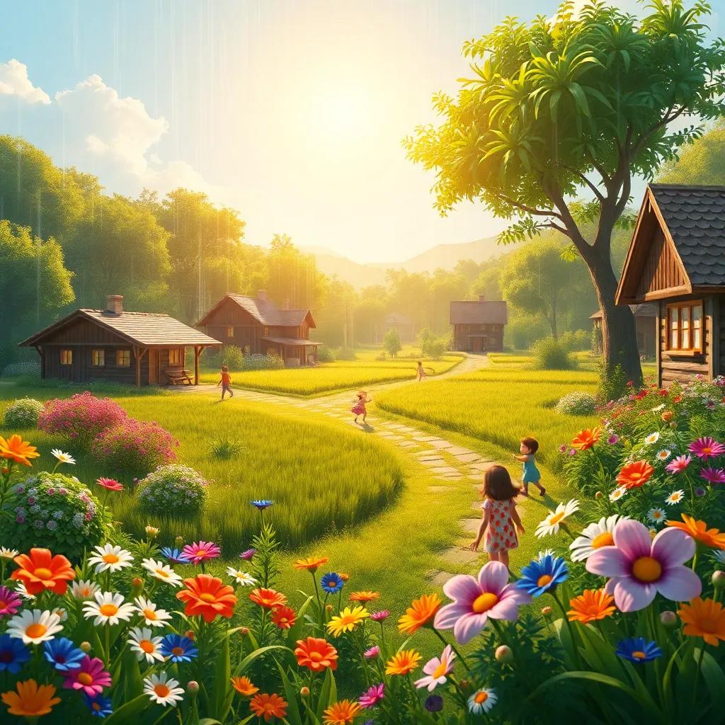The village filled with greenery after the rain, children playing in the fields, flowers blooming in various colors, under a bright sun, radiating happiness, high quality