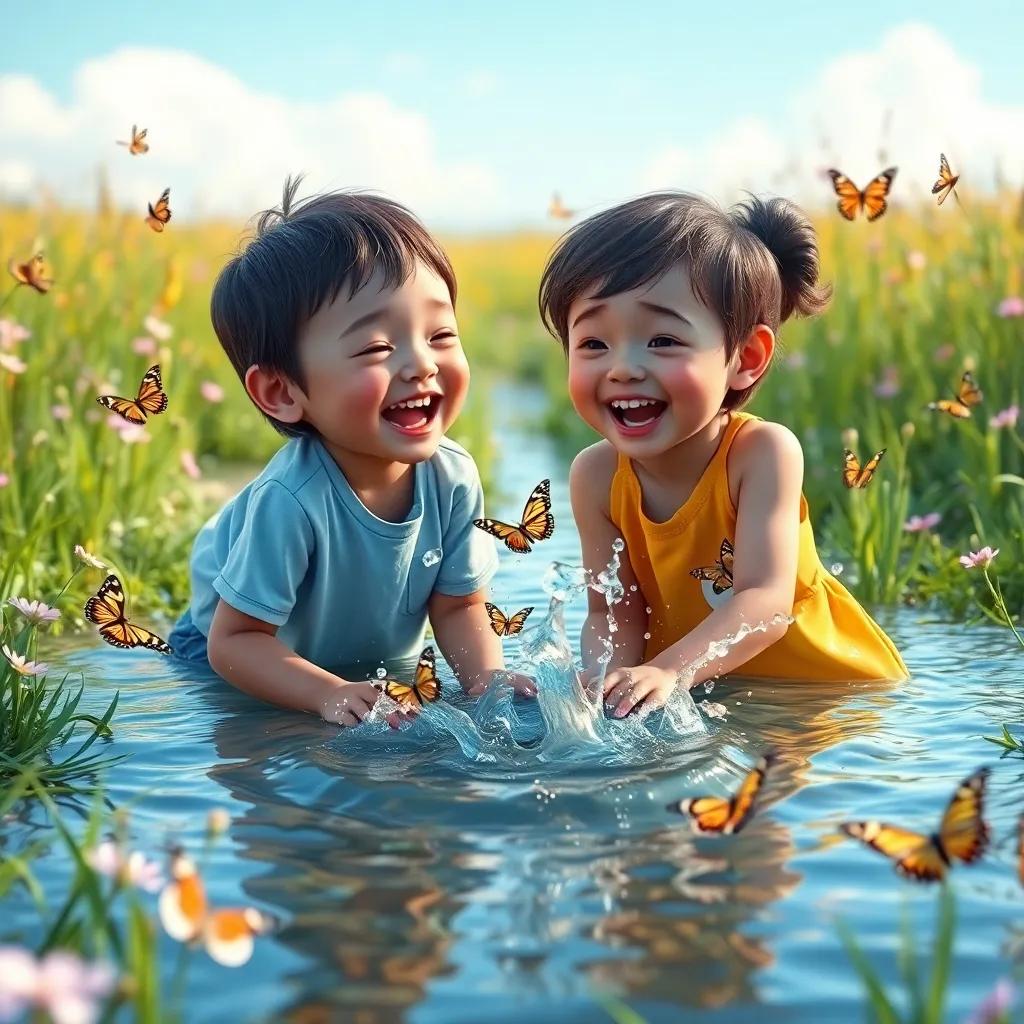 Children laughing and playing with water in the fields, butterflies surrounding them, natural vibrant scenery, joyful atmosphere, high quality