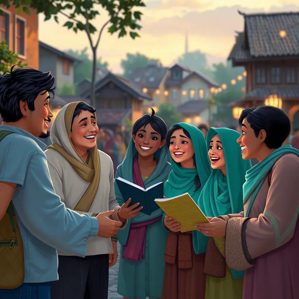 Villagers celebrating together in the square, sharing stories of the rain, warmth and friendliness in their expressions, dusk light setting the scene, high quality