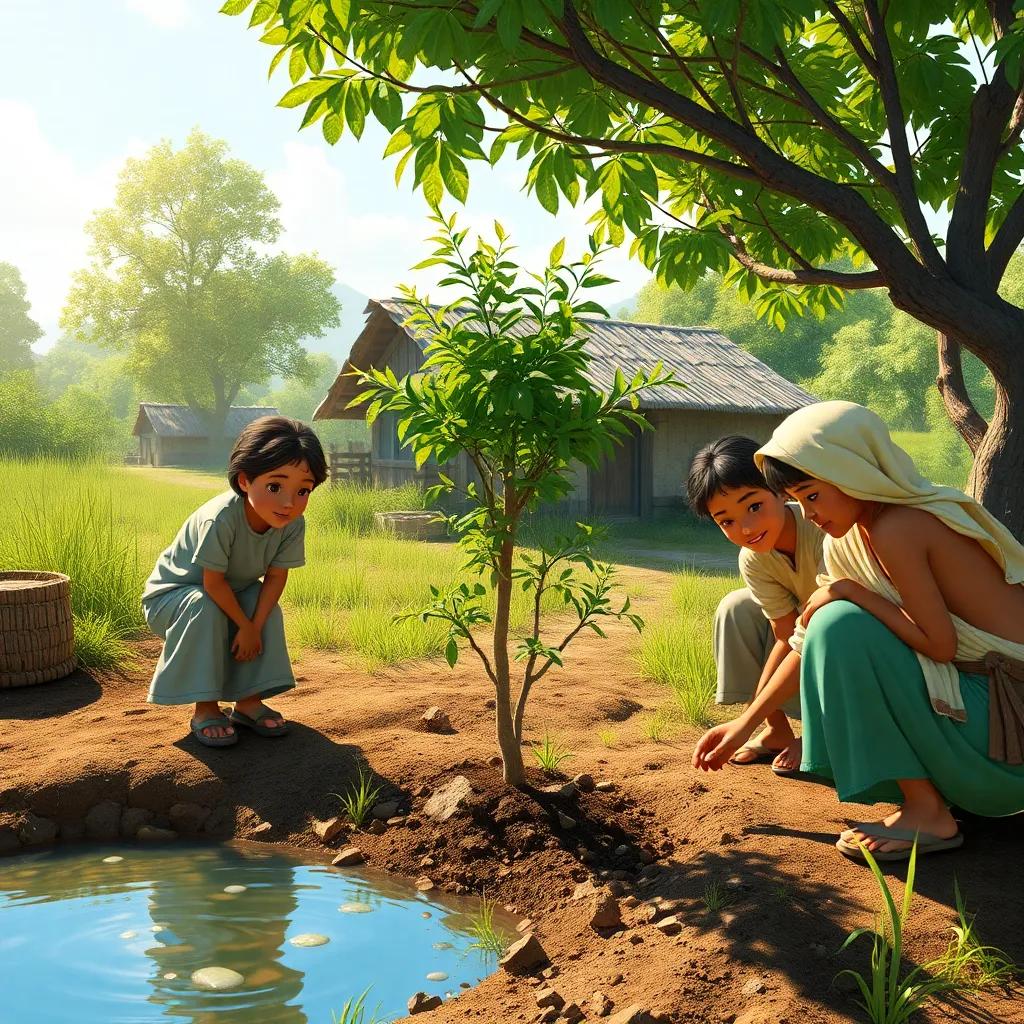 Villagers planting new trees near a water source, bright sunlight shining on their faces, symbolizing hope and renewal, high quality