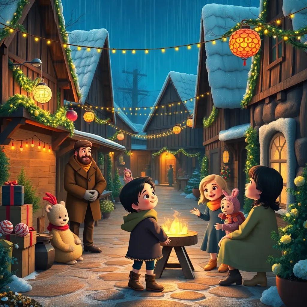 A festive village scene with decorations, families gathering around, children laughing and sharing stories of the rain, high quality