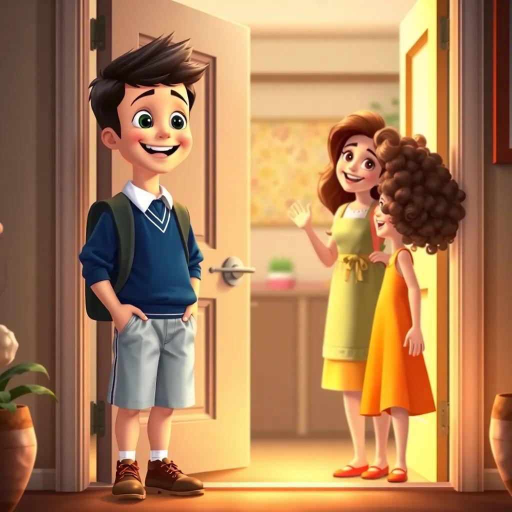 A young boy, Sami, with short black hair, wearing a school uniform, standing at the door of his home, smiling with excitement, a little girl, Mariam, with curly brown hair wearing a bright dress, opening the door with joy, their mother, with long brown hair, wearing an apron, standing next to her, cheerful atmosphere, home setting, digital art, vivid colors, warm light, family scene, high quality