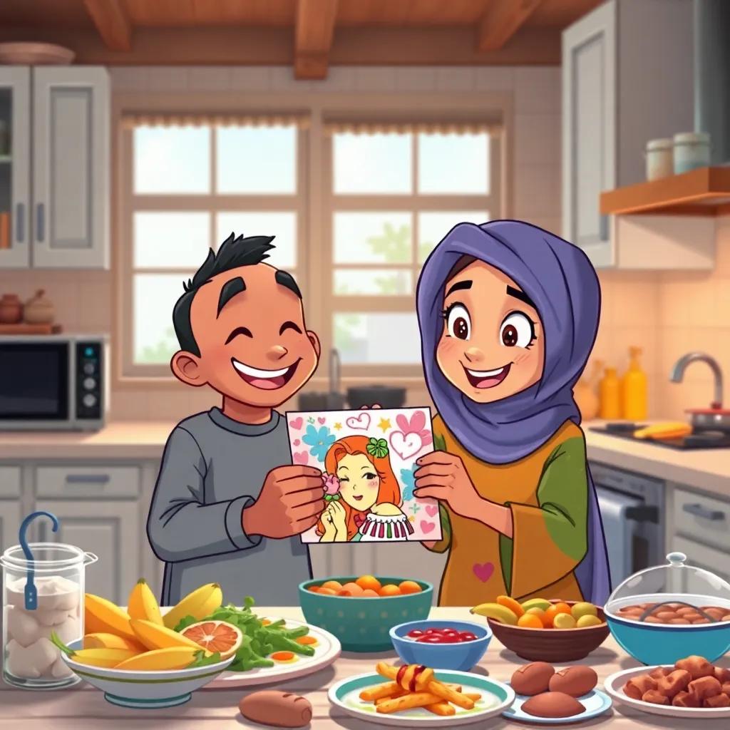 Sami and Mariam in a cozy kitchen, happy and laughing, Sami showing his colorful drawing to Mariam, who has wide eyes in amazement, their mother busy preparing dinner, with delicious food around, bright kitchen, joyful scene, illustration, vibrant colors, heartwarming, high quality
