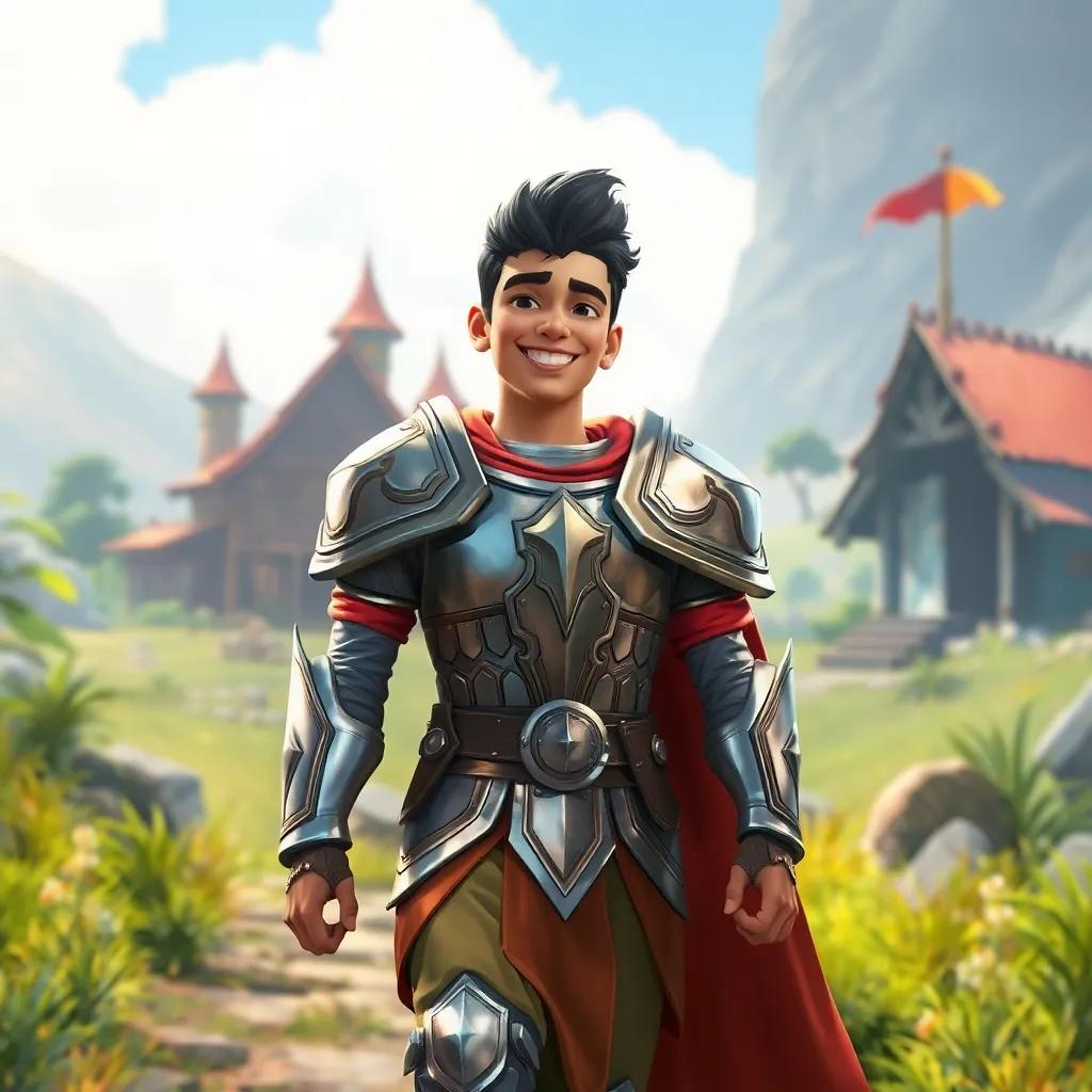 A brave hero named Ali, wearing shiny armor and smiling, walking toward his village after a fierce battle, surrounded by nature, digital painting, bright colors, joyful atmosphere, high quality