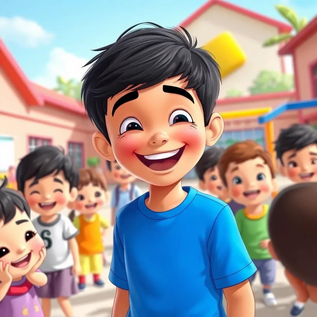 A young Arab boy, Sami, with short black hair in a bright blue shirt, laughing with friends in a schoolyard, surrounded by children and colorful playground equipment, illustration, joyful, vibrant colors, high quality