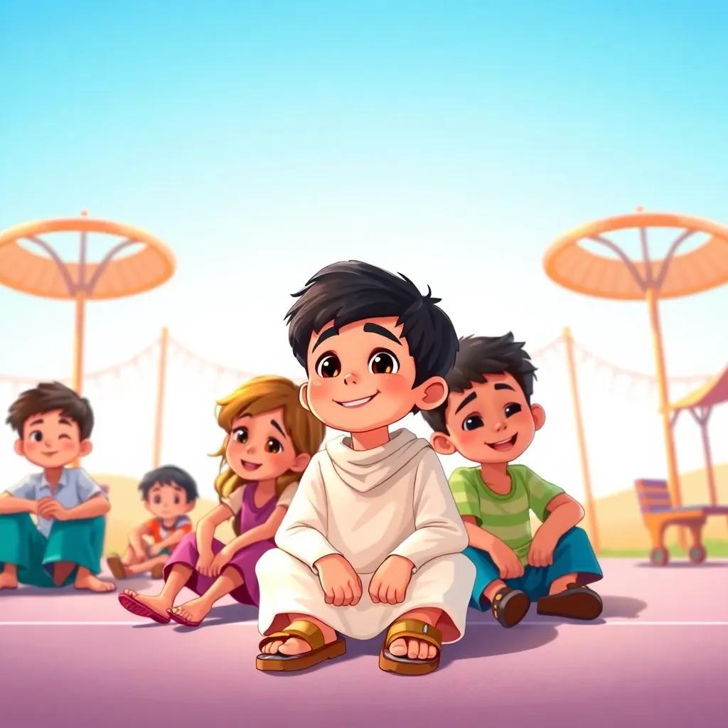 A young Arab boy, Saud, with short black hair, wearing a simple thobe and sandals, sitting on a playground with friends under a clear blue sky, cheerful atmosphere, colorful, joyful children's gathering, illustration, uplifting, colorful art