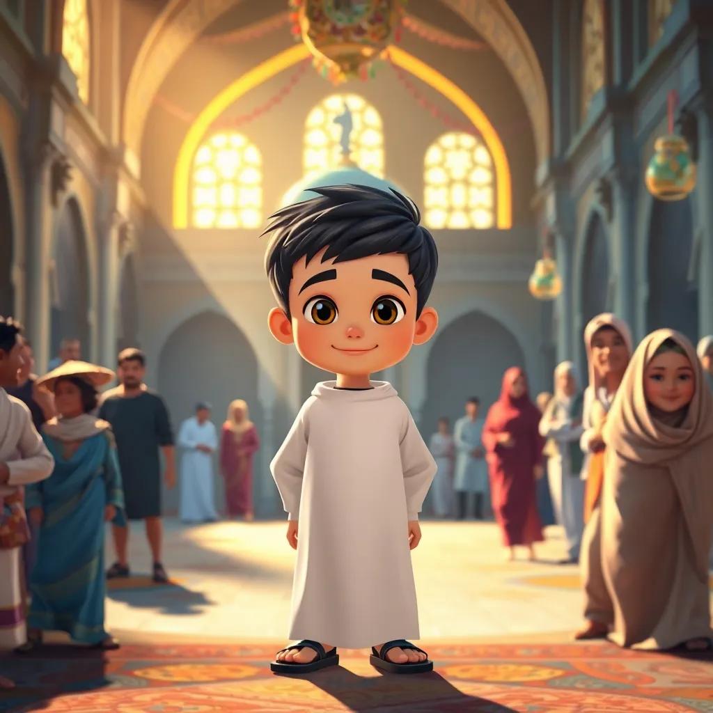 A young Arab boy, Saud, with short black hair, wearing a thobe and sandals, standing proudly in the mosque courtyard, surrounded by friends and family, warm sunlight, festive decorations, vibrant colors, heartwarming scene of celebration, digital art, lively atmosphere
