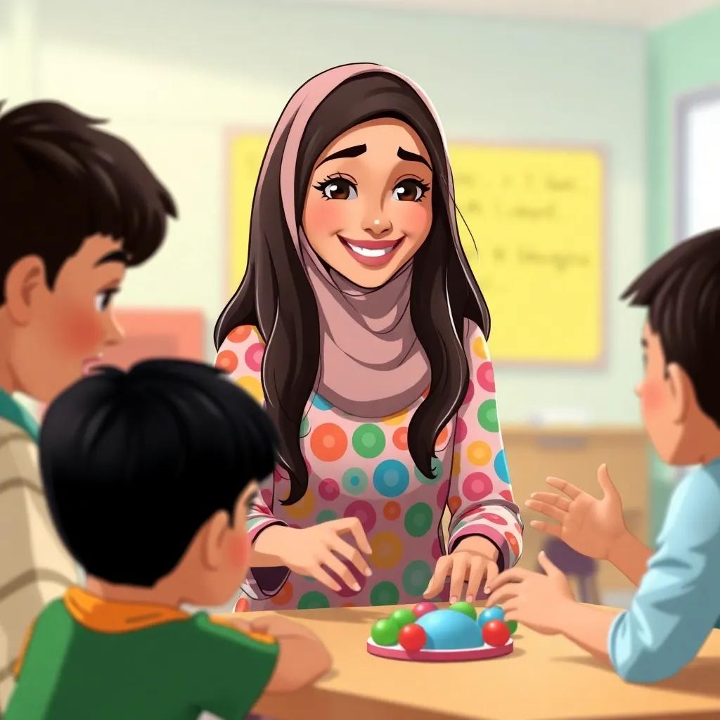 Teacher Fatima, a Middle Eastern woman with long, dark hair wearing a hijab and a colorful dress, playing a game with students who are excited and smiling, digital illustration, cheerful, engaging setting, bright lighting, high resolution