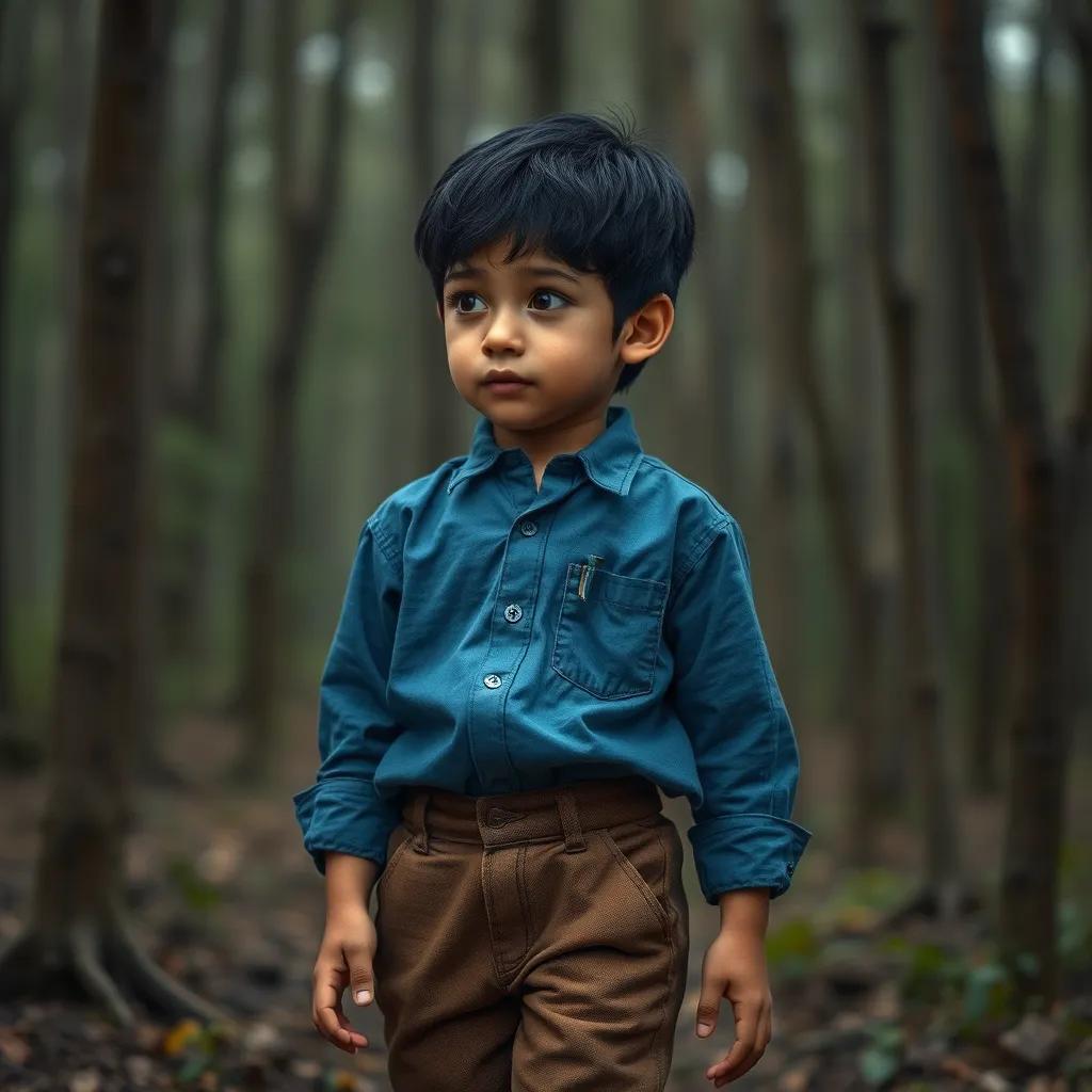 A young boy, Musa Alkhneizi, with short black hair, wearing a blue shirt and brown trousers, looking lost in a forest, digital art, somber colors, emotional atmosphere, high quality