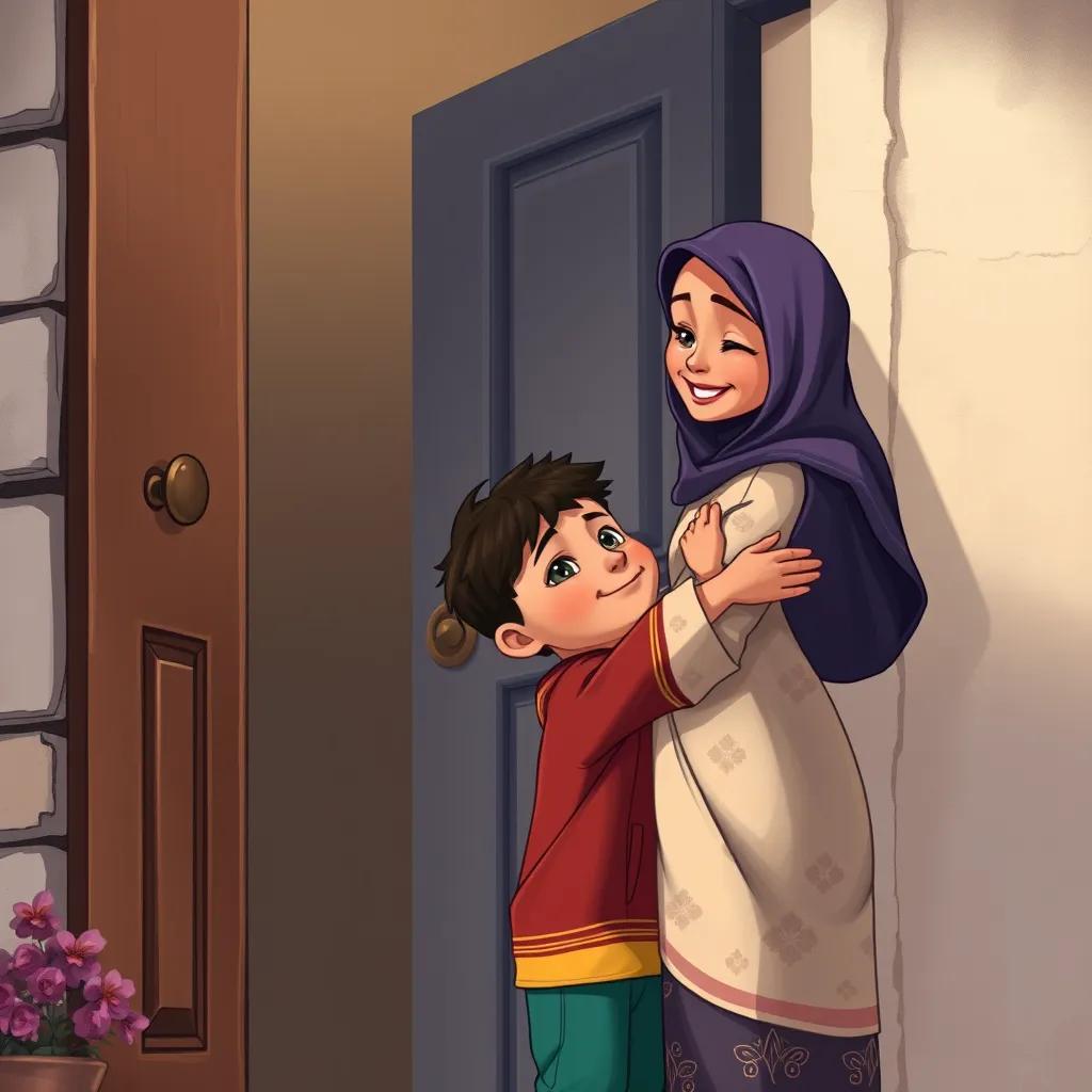 Musa knocking on the door of his home, his mother opens the door with tears of joy in her eyes, both embracing in a heartwarming moment, illustration, rich colors, emotional atmosphere, family-friendly
