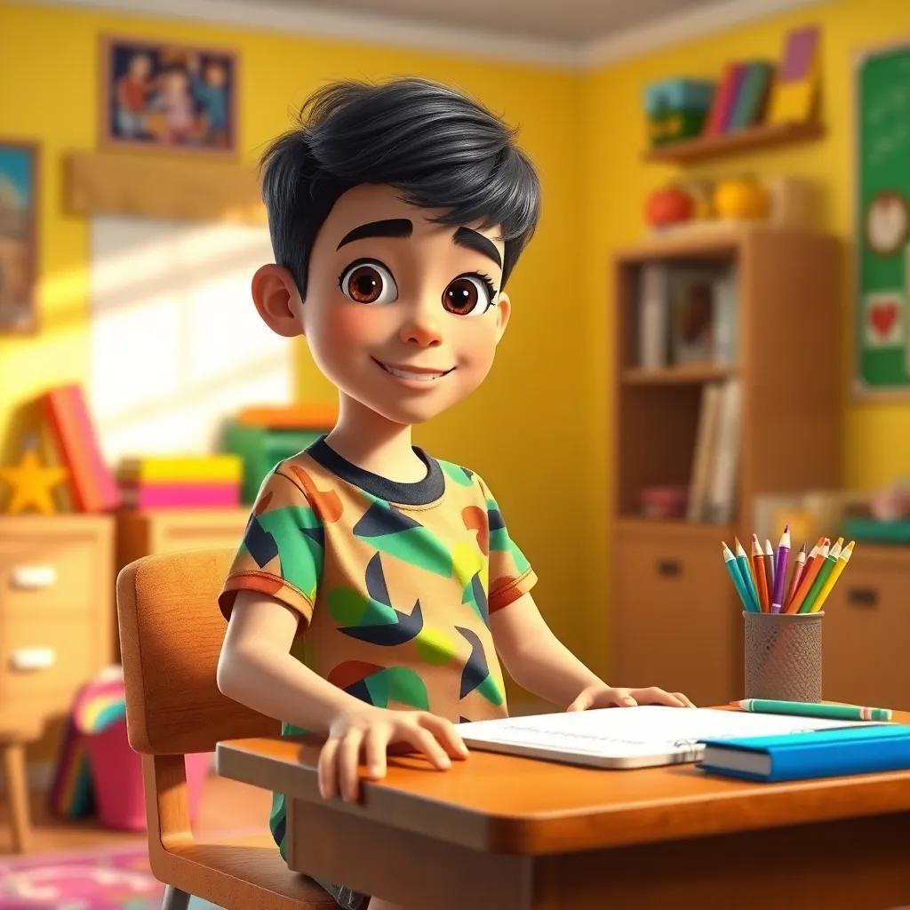 A young Arab boy, Aoun, with short black hair, wearing a colorful T-shirt and shorts, sitting at a wooden desk with colorful school supplies and a notebook, in a bright and cheerful room, digital art, vibrant colors, warm atmosphere, high quality