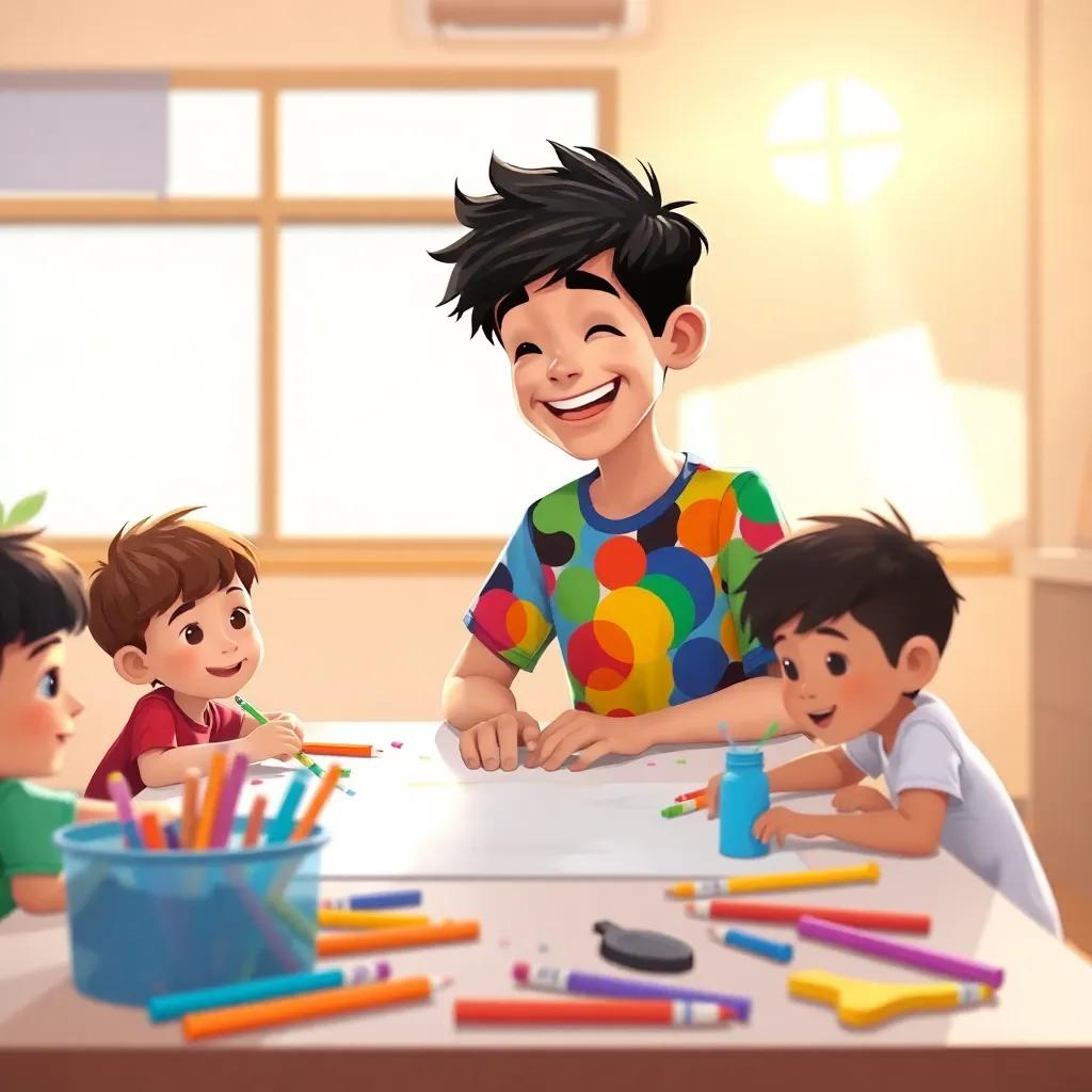 Aoun, a young Arab boy with short black hair in a colorful T-shirt and shorts, laughing and collaborating with his friends at a large table covered in art supplies, sun shining through a window, illustration, friendly, teamwork, bright and engaging