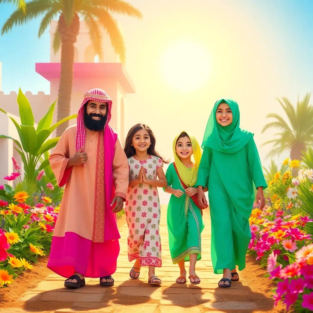 A cheerful Arab family, wearing bright festive clothes, walking on a sunny day with colorful flowers along the path, joyful atmosphere, digital art, vibrant colors, warm and inviting light, high quality