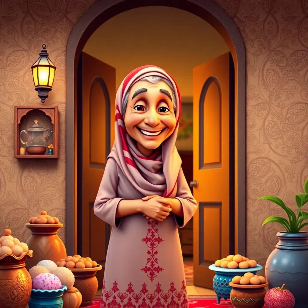 An elderly Arab woman, the grandmother, standing at the door of her house with a big smile, wearing a traditional dress and a headscarf, surrounded by sweet treats and a welcoming home, warm colors, welcoming light, heartwarming scene, high quality