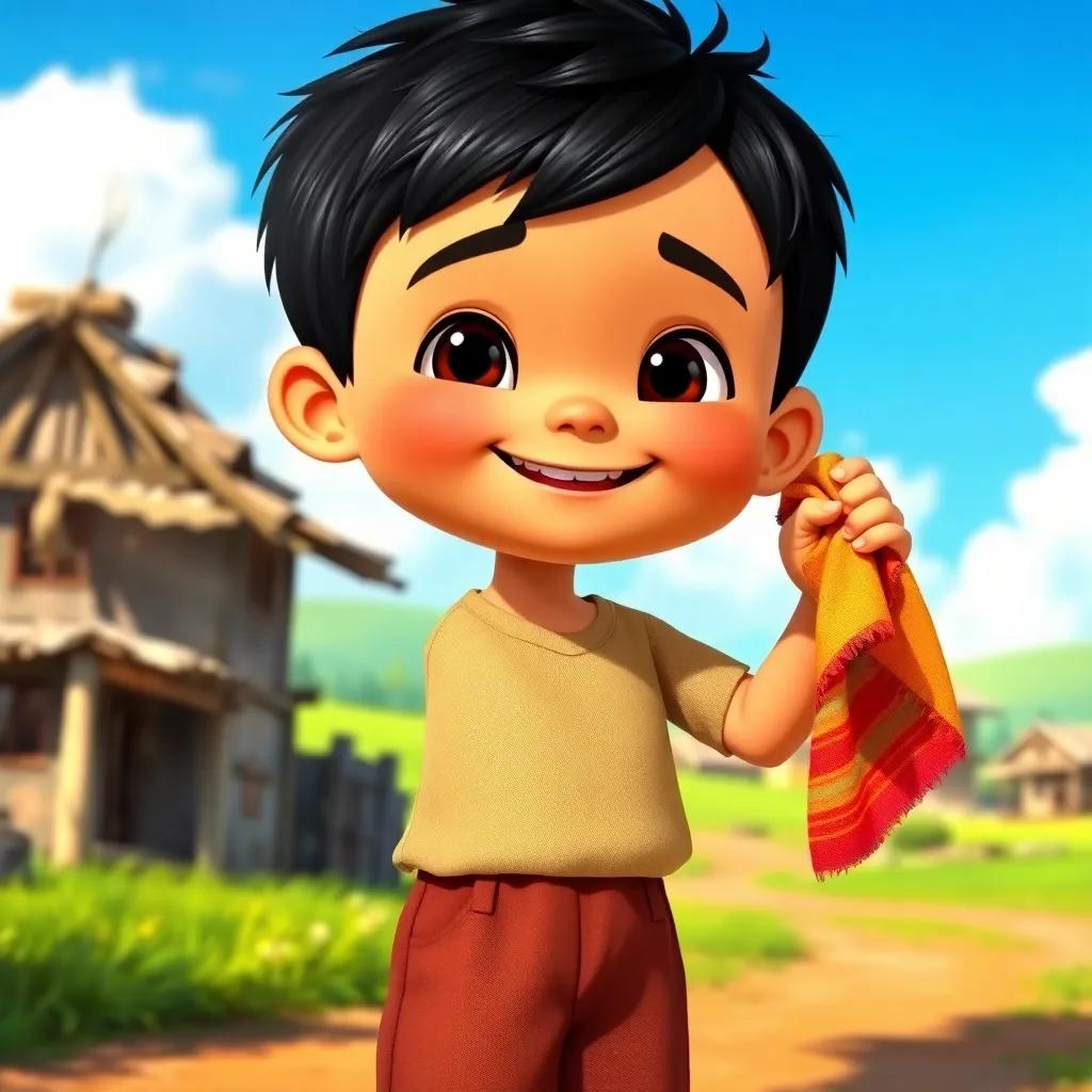 A small boy, Sami, with short black hair, wearing simple pants and a shirt, looking cheerful, holding a colorful cloth and smiling in a small village with green fields and blue sky, digital art, vibrant colors, joyful atmosphere, warm light, high quality