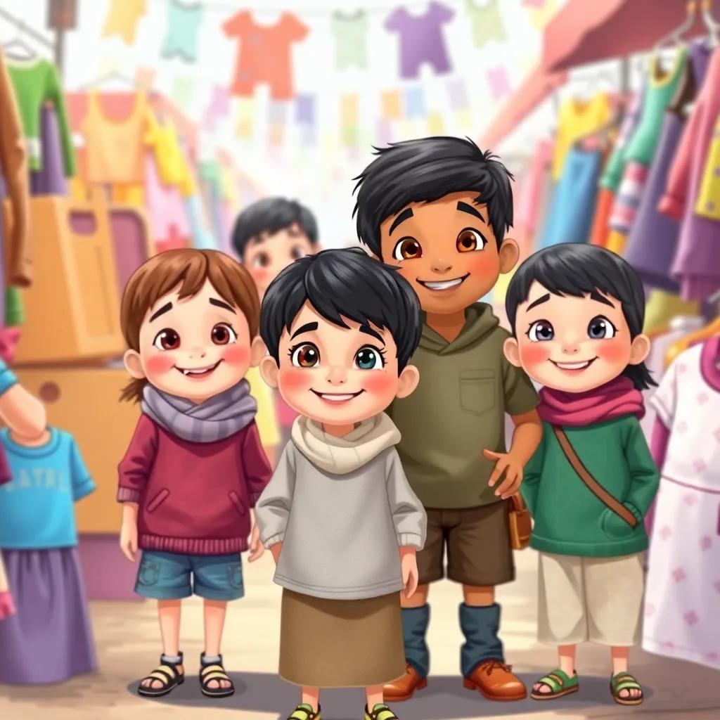 A group of children, including Sami with short black hair wearing simple clothes, standing together in a lively market with colorful clothes around them, smiling and looking excited, colorful day, child-friendly, detailed illustration, lively scene