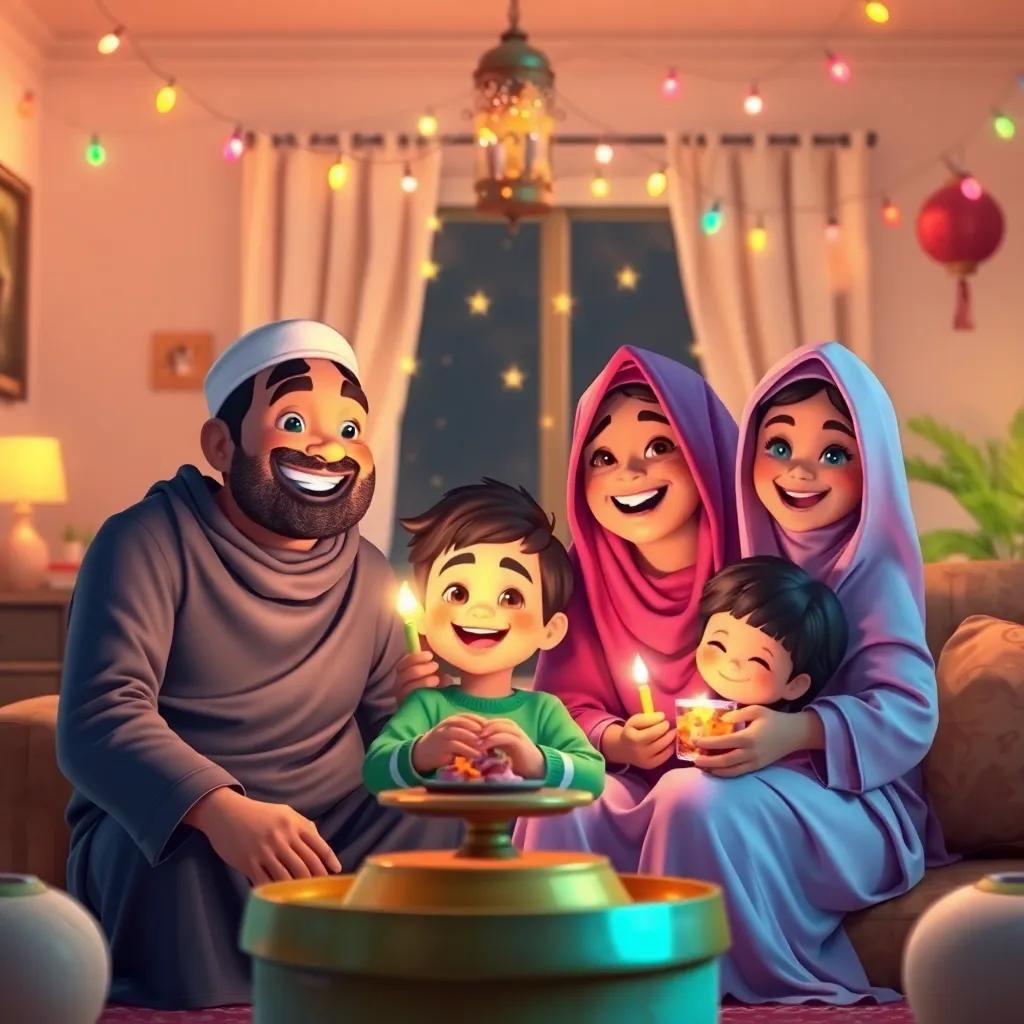 A joyful Arab family celebrating Eid, with a father named Mohamed and a mother named Fatima in a cozy living room, colorful lights and decorations around, children smiling, warm atmosphere, homey feeling, digital art, cheerful, vibrant colors, high quality