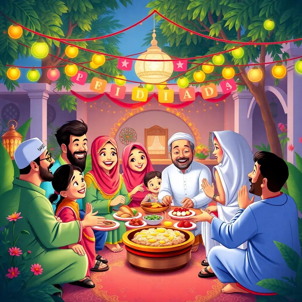 A cheerful family gathering in a beautifully decorated garden during Eid, with neighbors and relatives sharing food, laughter, and happiness, colorful banners and lights, heartwarming celebration, illustration, vibrant, joyous atmosphere, child-friendly