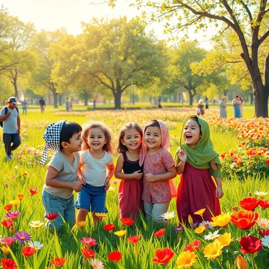 Children playing and celebrating in a park filled with green grass and colorful flowers, laughing and enjoying their time with family, Eid Al-Fitr and Eid Al-Adha smiling from afar, warm sunlight, festive vibe, digital painting, vivid and inviting colors, whimsical style, high quality