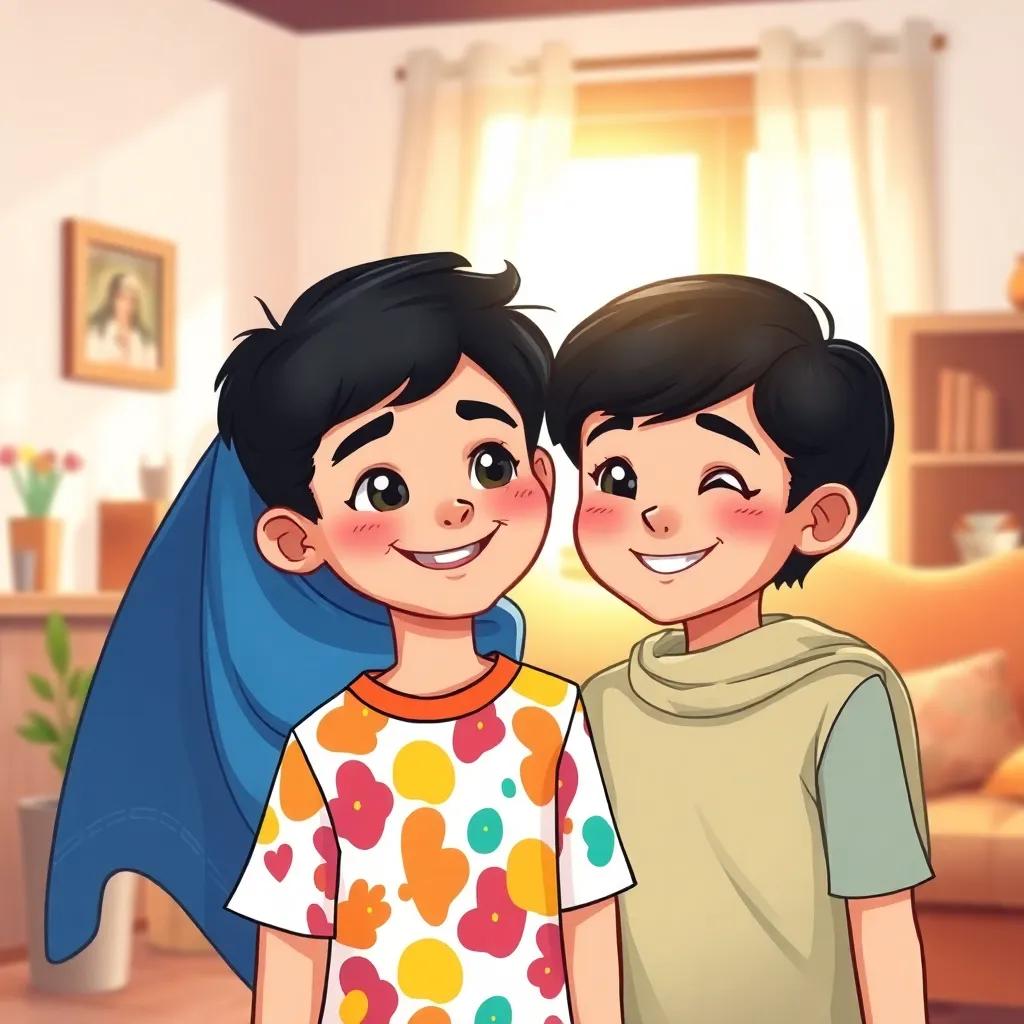 A young Arab boy, Sami, with short black hair wearing a colorful new shirt, smiling with his mother in a cozy home, morning sunlight streaming in, cheerful atmosphere, digital art, vibrant colors, warm and inviting light, high quality