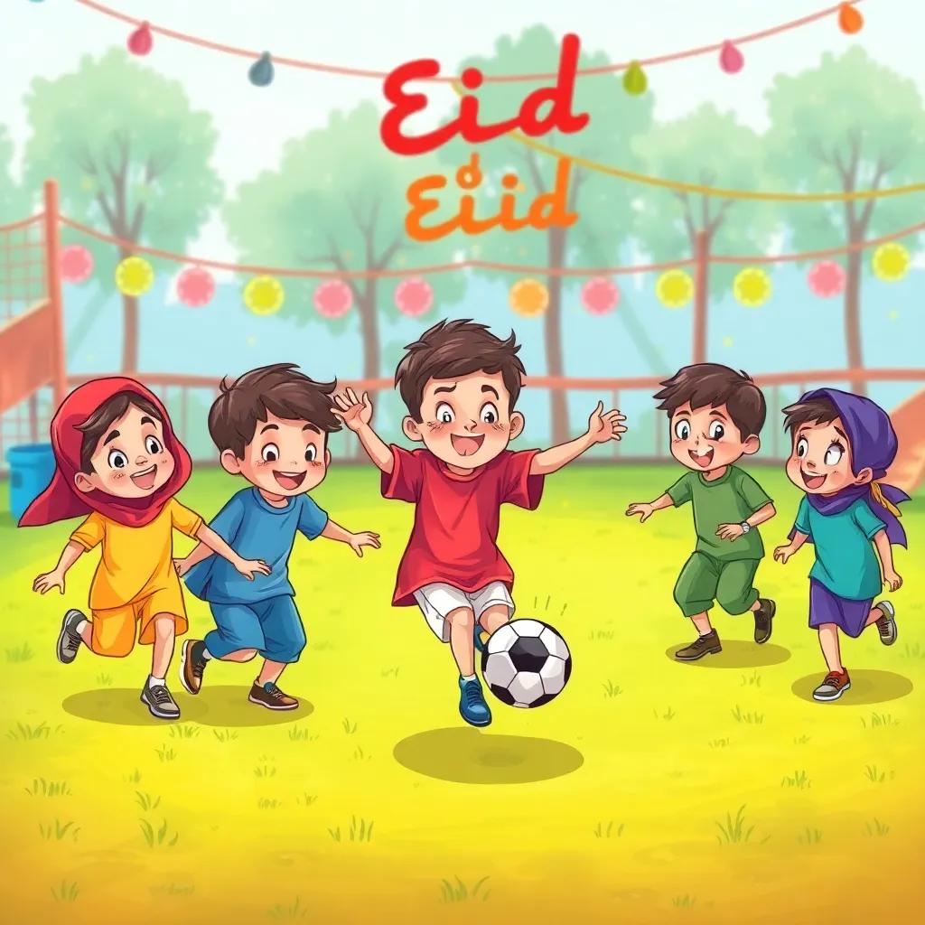 A group of young Arab children playing soccer in a playground, vibrant colors, joyful expressions, green grass, with colorful Eid decorations in the background, capturing the fun celebration, illustration, lively scene, high quality
